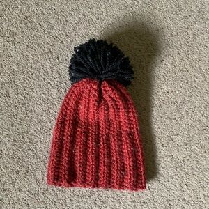 Winter Beanie Red and Black with Pom